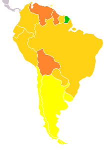 Map of South American countries by GDP (nominal) per capita according to the International Monetary Fund for 2018
.mw-parser-output .legend{page-break-inside:avoid;break-inside:avoid-column}.mw-parser-output .legend-color{display:inline-block;min-width:1.25em;height:1.25em;line-height:1.25;margin:1px 0;text-align:center;border:1px solid black;background-color:transparent;color:black}.mw-parser-output .legend-text{}
>$60,000
$50,000 - $60,000
$40,000 - $50,000
$30,000 - $40,000
$20,000 - $30,000
$10,000 - $20,000
$5,000 - $10,000
$2,500 - $5,000
$1,000 - $2,500
<$1,000 SouthAmericaGDPnominalPerCapita2018.png