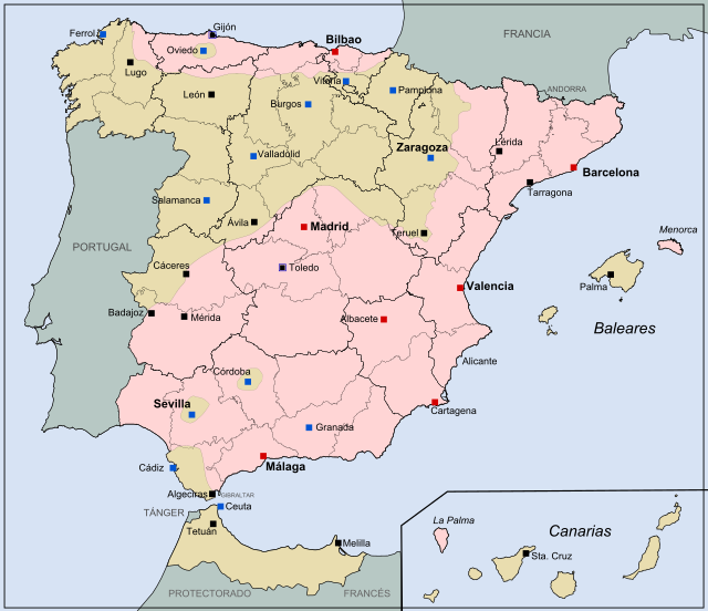 الوضع في إسبانيا يوم 25 يوليو 1936.
