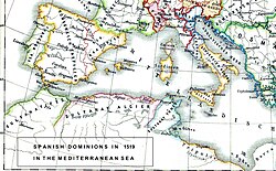 "Plazas fuertes" and possessions of Spain in 1519 in North Africa Spanish mediterranean 1519.jpg