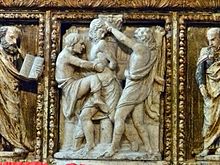 Flagellation of Christ (1428) by Juraj Dalmatinac, Split Cathedral, is an earliest example of Renaissance in Croatia. Split - Interior of the cathedral (10).JPG