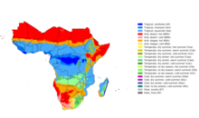 Climate zones of Africa, showing the ecological break between the hot desert climate of North Africa and the Horn of Africa (red), the hot semi-arid climate of the Sahel and areas surrounding semi-deserts (orange) and the tropical climate of Central and West Africa (blue). Southern Africa has a transition to subtropical or temperate climates (green and yellow), and more desert or semi-desert regions, centered on Namibia and Botswana. Sub Saharan Africa Climate Map.png