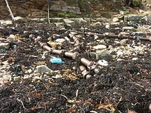 Submarine communication cables crossing the Scottish shore at Scad Head on Hoy, Orkney. Submarine Telephone Cables PICT8182 1.JPG