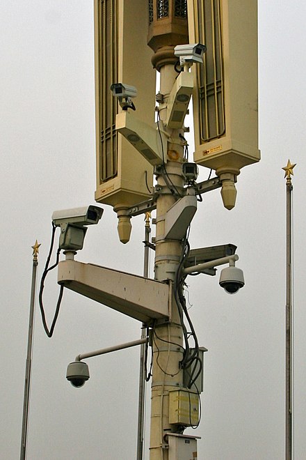 Surveillance cameras at Tiananmen Square in 2009. In 2019, Comparitech reported that 8 out of 10 of the most monitored cities in the world are in China.[1]