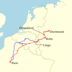 TEE Paris–Ruhr (red) and the later Thalys (blue)