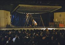 Dancers from the Ballet Rambert, under the auspices of CEMA, a government programme, perform Peter and The Wolf at an aircraft factory in the English Midlands during World War II. The Ballet Rambert Visiting An Aircraft Factory in Britain TR969.jpg