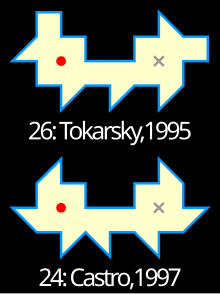 Solutions to the illumination problem by George W. Tokarsky (26 sides) and David Castro (24 sides) Tokarsky Castro illumination problem.svg