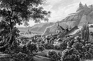 The town Traben-Trarbach and the Grevenburg on the Moselle River in Germany. Aquatint engraving by Karl Bodmer 1841.