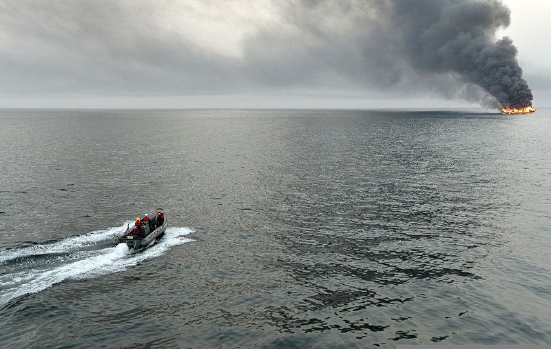 File:U.S. Sailors assigned to the guided missile destroyer USS William P. Lawrence (DDG 110) survey the area surrounding a burning vessel for possible survivors March 11, 2013, while transiting the Strait of Hormuz 130311-N-ZQ631-086.jpg