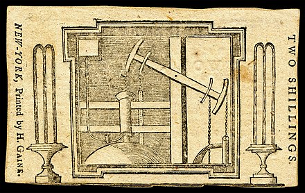 Newcomen engine as depicted on a 2/- note of the Province of New York, 1775