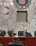 Thumbnail for File:US Navy 060309-N-2383B-209 Secretary of the Navy (SECNAV), the Honorable Donald C. Winter takes questions from Senator John Warner, Chairman of the Senate Armed Services Committee.jpg