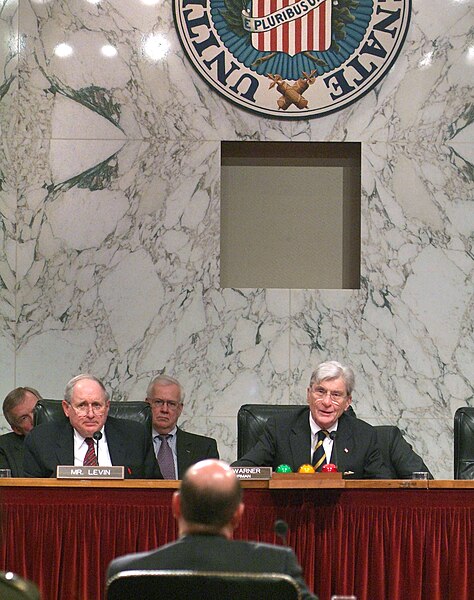 File:US Navy 060309-N-2383B-209 Secretary of the Navy (SECNAV), the Honorable Donald C. Winter takes questions from Senator John Warner, Chairman of the Senate Armed Services Committee.jpg