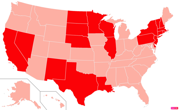 States in the United States by Catholic population according to the Pew Research Center 2014 Religious Landscape Survey.[193] States with Catholic population greater than the United States as a whole are in full red.