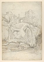 Thumbnail for File:View of a Bridge and Waterfalls in Tivoli; verso- View of a Waterfall in Tivoli From Within a Cave MET DP854074.jpg