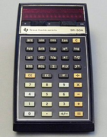 TI SR-50A, a 1975 calculator with a factorial key (third row, center right) Vintage Texas Instruments Model SR-50A Handheld LED Electronic Calculator, Made in the USA, Price Was $109.50 in 1975 (8715012843).jpg