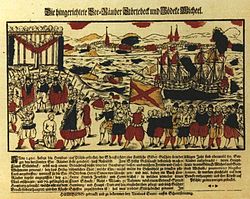 Vitaaliveljien johtajan, Klaus Störtebekerin teloitus vuonna 1401 Hampurissa, puupiirros vuodelta 1701.