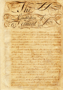 Vellum manuscript of the Constitution of Vermont, 1777. This constitution was amended in 1786, and replaced in 1793 following Vermont's admission to the federal union in 1791. VtConstitution.png