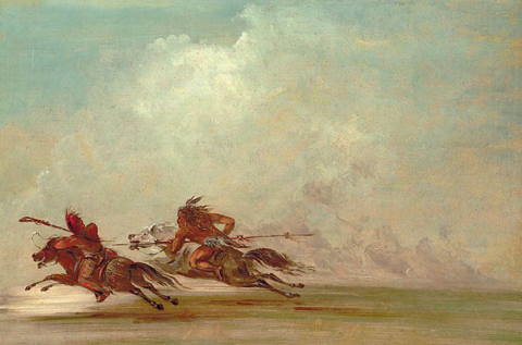 War on the plains. Comanche (right) trying to lance Osage warrior. Painting by George Catlin, 1834
