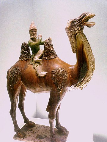 A Sogdian man on a Bactrian camel. Sancai ceramic statuette, Tang dynasty