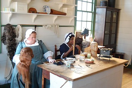 Costumed apprentices demonstrate the process of wig making and significance of wigs in Colonial life.
