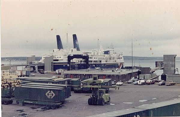 The Marine Atlantic superferry MV Caribou at North Sydney, with the smaller and older MV Ambrose Shea docked alongside her, seen in the late 1980s