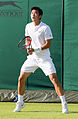 Ze Zhang competing in the first round of the 2015 Wimbledon Qualifying Tournament at the Bank of England Sports Grounds in Roehampton, England. The winners of three rounds of competition qualify for the main draw of Wimbledon the following week.