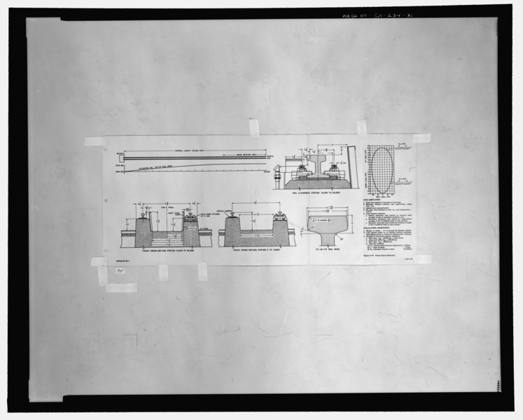 File:"FIGURE 3-10, TRACK LAYOUT (EDWARDS)". Test track footing and rail head cross sections. - Edwards Air Force Base, South Base Sled Track, Edwards Air Force Base, North HAER CAL,19-LANC.V,1-31.tif