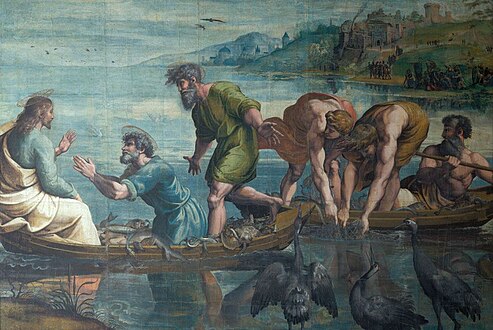 Raphaël. Carton pour tapisserie : La Pêche miraculeuse (1515). Couleurs sur papier, monté sur toile, H. 3,20 m. Victoria and Albert Museum.