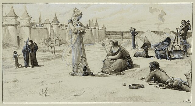 Holding her daughter Agnès in her arms, Paquette visits the Gypsies to have her fortune told. Drawing by Luc-Olivier Merson (c. 1889).
