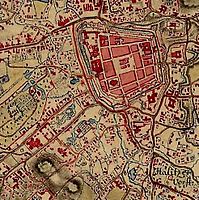 Rynek we Lwowie, fragment pierwszego wojskowego planu topograficznego Galicji z okresu „józefińskiego” tzw. mapa von Miega (1769–1787), widoczne mury miejskie okalające stare miasto[3]