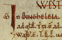 Bingley's entry in the Domesday Book. 1086 AD 1086-Bingley-detail.jpg