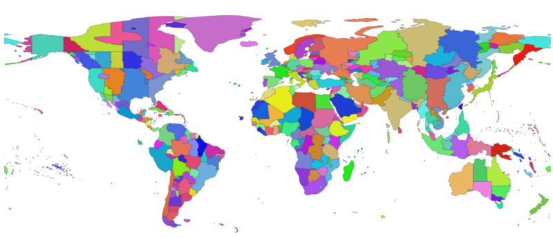 The tz database partitions the world into regions where local clocks have, since 1970, all been the same. This map, made by combining the 2017a edition of the database with OpenStreetMap data, is of all the regions outside Antarctica.[1]
