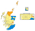 Wyniki wyborów parlamentarnych w Wielkiej Brytanii w 2019 roku (dwa i pół miesiąca przed brexitem – tzw. brexit election), kolorem jasnożółtym zaznaczono jednomandatowe okręgi wyborcze, w których zwyciężyła Szkocka Partia Narodowa