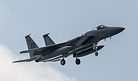 A US Air Force F-15C Eagle, tail number 85-0097, on final approach at Kadena Air Base in Okinawa, Japan. It is assigned to the 44th Fighter Squadron at Kadena AB.