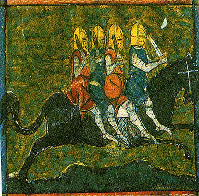 The horse Bayard carrying the four sons of Aymon, miniature in a manuscript from the 14th century.