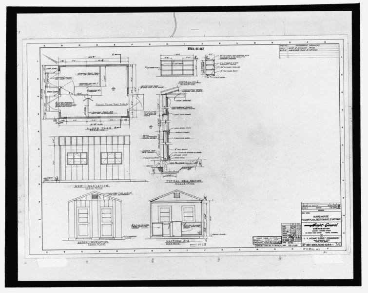 File:ARA-III Guard house (ARA-609). Shows west and north elevation, floor plan, and section details. Aerojet-general 880-area-GCRE-609-A-1. Date- February 1958. Ineel index code no. 063 HAER ID-33-D-159.tif