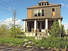 Shrink to survive is used in cities with a large number of abandoned buildings such as this home in Detroit. AbandonedHouseDelray.jpg