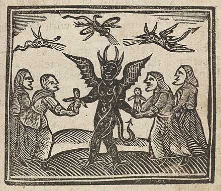 この画像は、1591年のアグネスサンプソンの裁判からのもので、魔女に魔法の人形を与える悪魔を描いています。