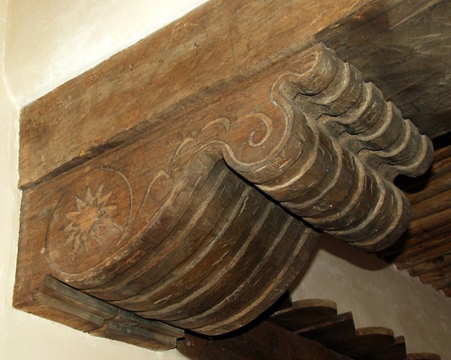 Pueblo Revival corbel, hand-carved from ponderosa pine, at the Bandelier National Monument Visitor Center