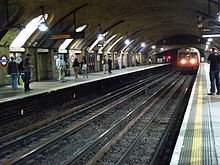 A Hammersmith and City Line train to Barking arrives at Baker Street's oldest platforms opened in 1863 BakerStreetOriginalPlatforms1863.jpg