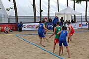 Deutsch: Beachhandball Europameisterschaften 2019 (Beach handball Euro); Tag 3: 4. Juli 2019 – Männer, Platzierungsrunde Gruppe IV, Rumänien-Portugal 2:0 (15:14, 25:24) English: Beach handball Euro; Day 3: 4 July 2019 – Men Consolation Round Group IV – Romania-Portugal 2:0 (15:14, 25:24)