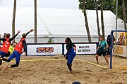 Deutsch: Beachhandball Europameisterschaften 2019 (Beach handball Euro); Tag 5: 6. Juli 2019 – Männer, Platzierungsspiel für die Ränge 5–8, Frankreich-Deutschland 0:2 (18:22, 16:19) English: Beach handball Euro; Day 5: 6 July 2019 – Placement Match/Cross Match for rank 5–8 Men – Frankreich-Deutschland 0:2 (18:22, 16:19)