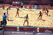 Deutsch: Beachhandball bei den Olympischen Jugendspielen 2018; Tag 4, 10. Oktober 2018; Mädchen, Vorrunde, Gruppe A - Ungarn-Chinese Taipei (Taiwan) 2:0 English: Beach handball at the 2018 Summer Youth Olympics at 10 October 2018 – Girls Preliminary Round Group A‎ – Hungary-Chinese Taipei 2:0