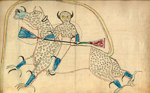 Drawing by Black Hawk (Sans Arc Lakota), c. 1880 depicting a horned Thunder Being (Haokah) on a horse-like creature with eagle talons and buffalo horns. The creature's tail forms a rainbow that represents the entrance to the Spirit World, and the dots represent hail. Accompanying the picture on the page were the words: "Dream or vision of himself changed to a destroyer and riding a buffalo eagle." Blackhawk-spiritbeing.jpg