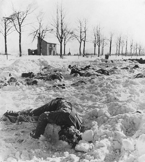 Corpses of the U.S. soldiers murdered by the Waffen-SS (17 December 1944)