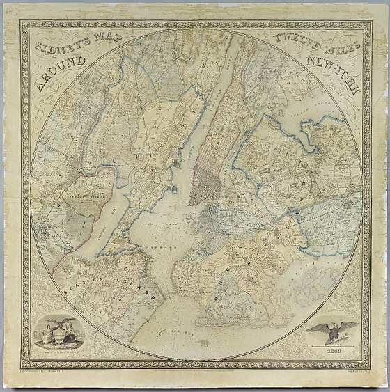 Sidney's Map Twelve Miles Around New York, an 1849 lithograph by Norman Friend, now housed in the Brooklyn Museum