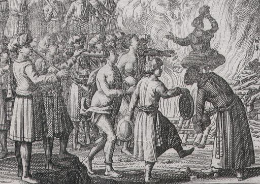 Brulement des femmes aux Indes, an unsigned Dutch-school etching, c.1700-25; a closeup view