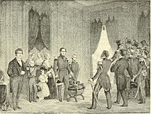 Engraving of Leopold's theatrical offer in 1848 to abdicate if it was the will of the Belgian people (Source: Wikimedia)