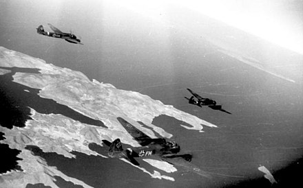 Three Ju 88s in flight over Astypalaia, Greece, 1943
