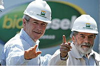 Presidents George W. Bush and Luiz Inacio Lula da Silva during Bush's visit to Brazil, March 2007. Bushlulapetrobras09032007.jpg