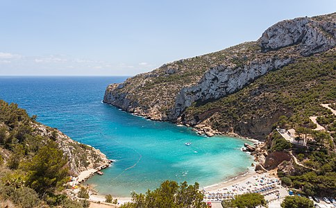 View of the beach of Granadella, Jávea, España. This mediterranean beach has been awarded with different prices as the nicest in Spain. It has a length of 160m and a depth of 10m.